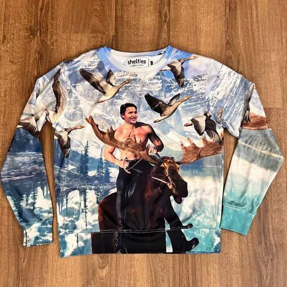 Shelfies Moosin' Trudeau Sweater Canadian Novelty Sweatshirt Sz L - Picture 2 of 9